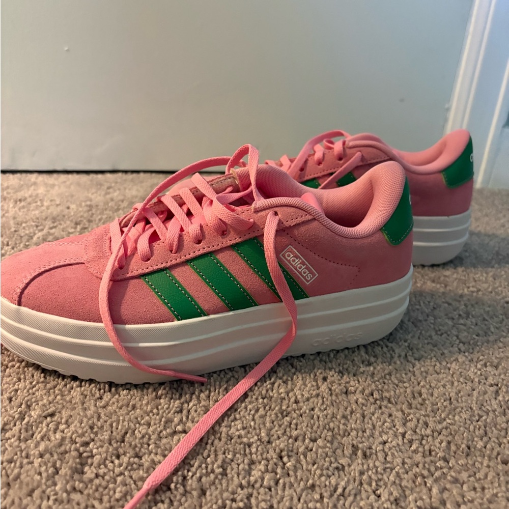 adidas Pink Platform Sneakers with Green Stripes